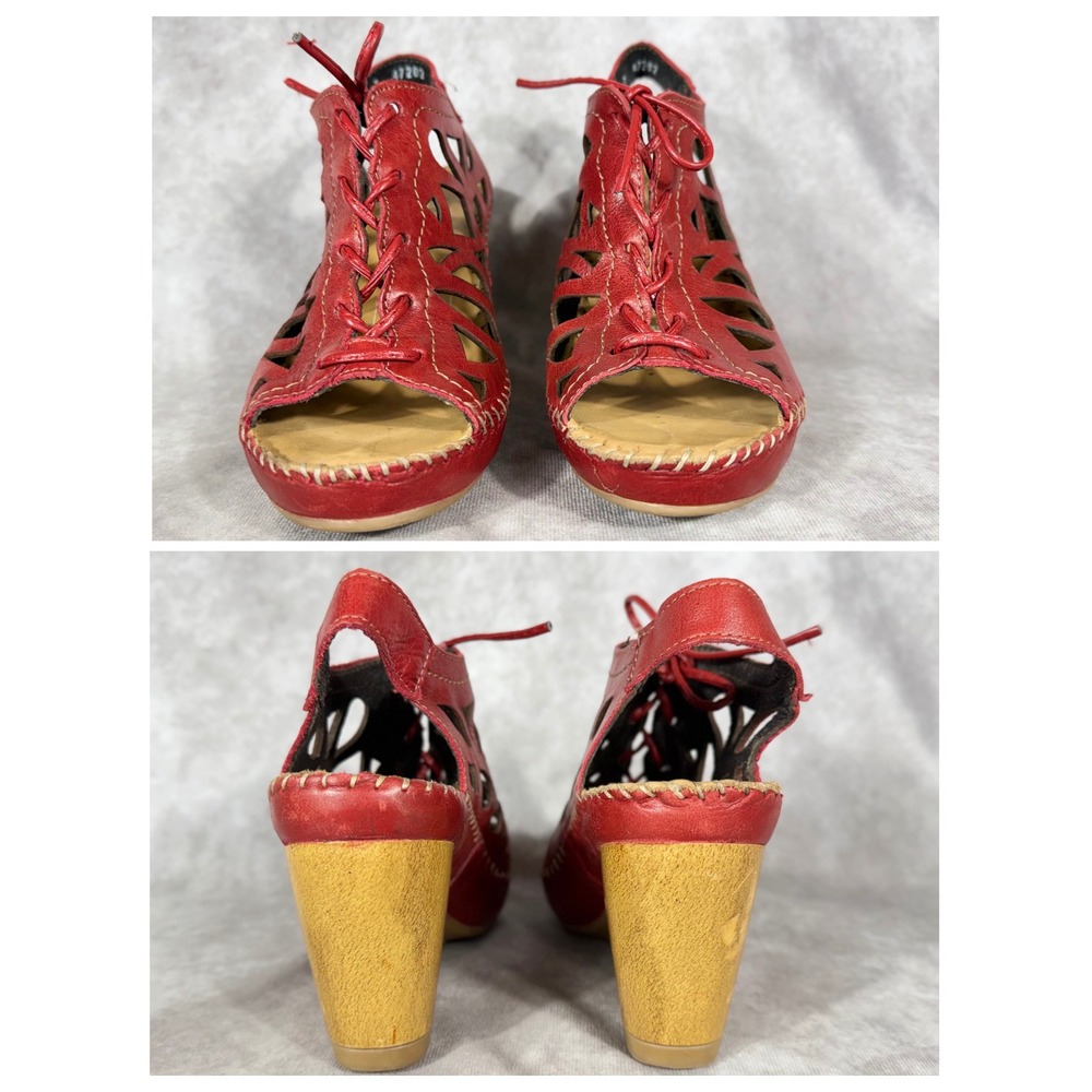 Vtg LOBO SOLO Red Leather Wedge Sandals Wms 7 Lace Up Laser Cut Boho Block Heel - Picture 6 of 8
